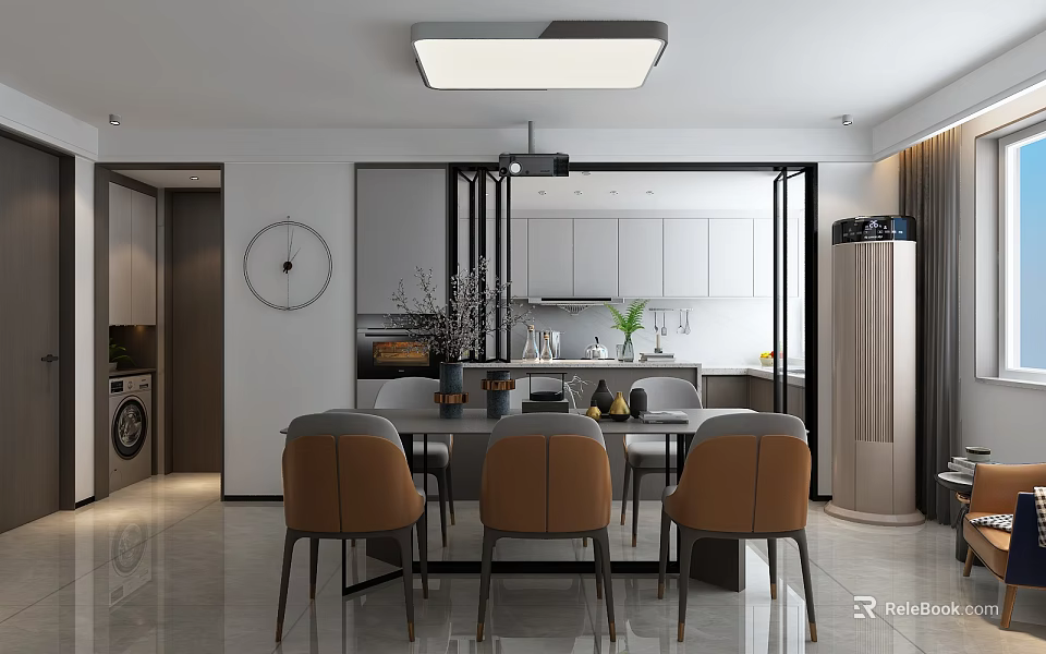 Modern Restaurant Interior With Dining Table Chairs Open Kitchen Ceiling Light And Wall Clock 3d model 