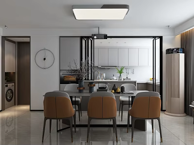 Modern Restaurant Interior With Dining Table Chairs Open Kitchen Ceiling Light And Wall Clock 3d model