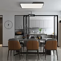 Modern Restaurant Interior With Dining Table Chairs Open Kitchen Ceiling Light And Wall Clock