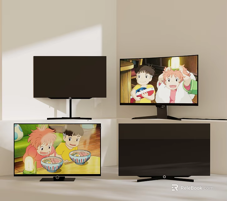 Four Computer Monitors Setup Displaying Animated Content And Black Screens 3d model 