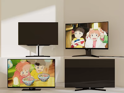 Four Computer Monitors Setup Displaying Animated Content And Black Screens 3d model