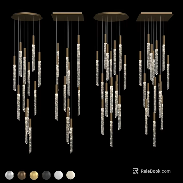 Elegant Modern Slender Crystal Chandeliers With Metal Frames Hanging From Ceiling 3d model 