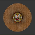 Round Dining Table With Orange Chairs And Various Food Dishes On Wooden Surface