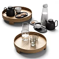 Wooden Tray Black and White Tea Set with Glass Pitcher Cups and Cookies