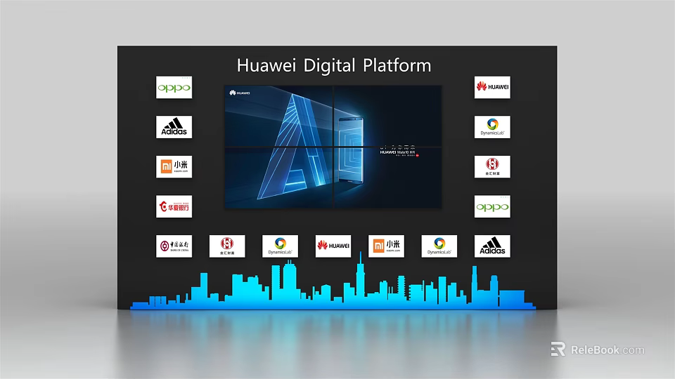 Modern Huawei Digital Platform Background Wall with Digital Interface Application Icons and Blue City Skyline 3d model 