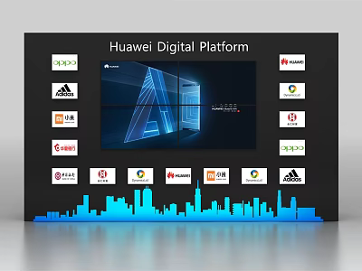 Modern Huawei Digital Platform Background Wall with Digital Interface Application Icons and Blue City Skyline 3d model
