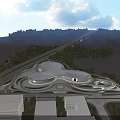 Modern Waterfront Stadium Building with Curved Roof Surrounded by Lake Greenery and Roads