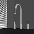 Modern Kitchen Faucet With Red Knobs On Black Countertop And Window Blinds 3d model