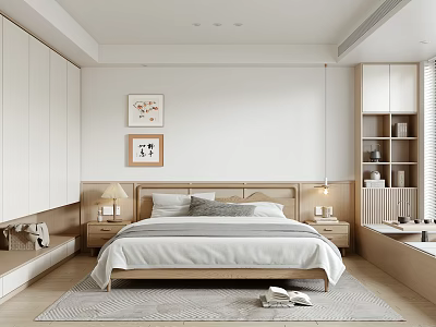 Minimalist Modern Bedroom Interior Design With Wooden Headboard Nightstands Table Lamps Wall Art And Rug 3d model