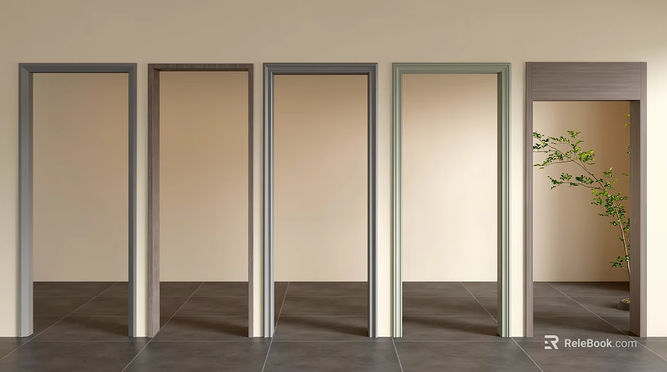 Various Design Interior Doors Arranged In Row With Different Frames And Plant Accent 3d model