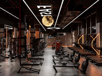 Modern Gym Interior With Various Fitness Equipment And Creative Lighting 3d model
