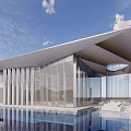 Modern Sales Office Building With Sloped Roof Vertical Glass Slats Circular Garden Outdoor Seating