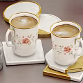 Dark Brown Wooden Dining Table Set With Chairs Coffee Pot And Decorative Painting
