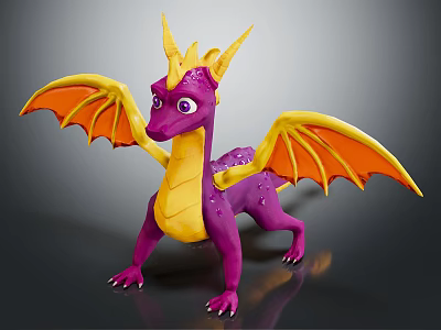 Cartoon 3D Dragon Character With Purple Body Yellow Wings And Horns 3d model