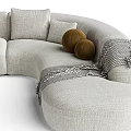 Curved Sectional Sofa Beige Linen Upholstered With Round Pillows And Checkered Throw Blanket