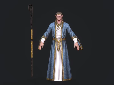 Elven Male Wizard In Blue Robe With Golden Belt And Magic Staff 3d model