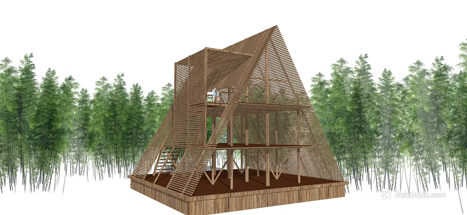 Wooden Triangular Multi Layer Tower Structure With Stairs And Green Trees Surrounding 3d model