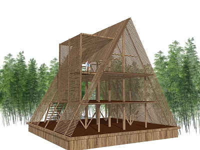 Wooden Triangular Multi Layer Tower Structure With Stairs And Green Trees Surrounding 3d model
