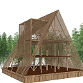 Wooden Triangular Multi Layer Tower Structure With Stairs And Green Trees Surrounding 3d model