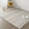 Light Colored Square Rug With Geometric Pattern Fringed Edges On Wooden Floor