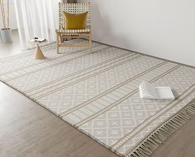 Light Colored Square Rug With Geometric Pattern Fringed Edges On Wooden Floor 3d model