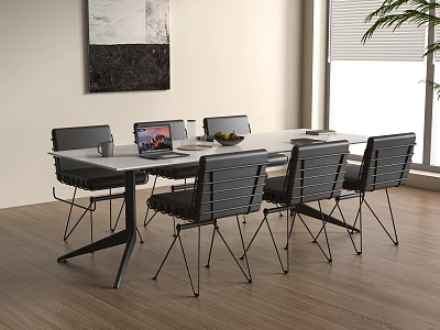 Modern Conference Table With Metal Frame Black Chairs Laptop Fruit Bowl Cups And Natural Light 3d model