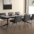 Modern Conference Table With Metal Frame Black Chairs Laptop Fruit Bowl Cups And Natural Light
