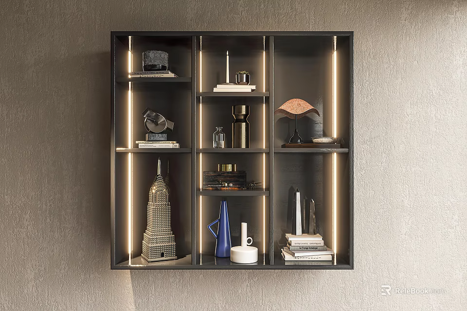 Modern Display Cabinet With Lighting And Shelves Showcasing Decor Sculptures Vases And Books 3d model 