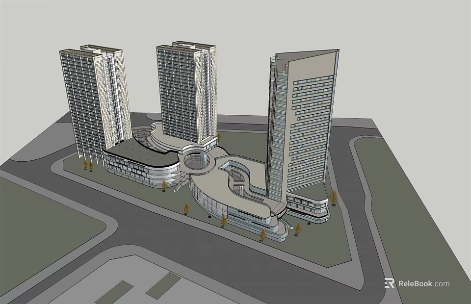 Three Modern High Rise Residential Buildings With Connected Structures And Roads 3d model