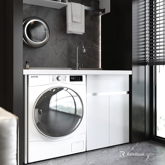Home Balcony Interior With Washing Machine Sink White Cabinet Black Wall And Blinds 3d model 