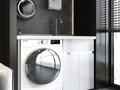 Home Balcony Interior With Washing Machine Sink White Cabinet Black Wall And Blinds 3d model