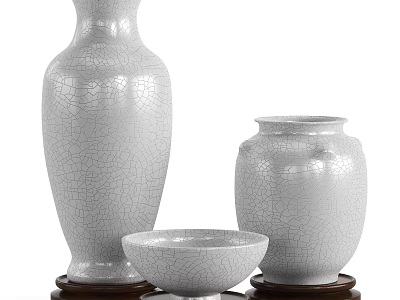 White Ceramic Vessels with Crackle Texture in Different Shapes on Wooden Bases 3d model