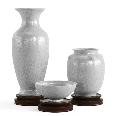 White Ceramic Vessels with Crackle Texture in Different Shapes on Wooden Bases 3d model