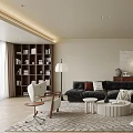 Modern Living And Dining Room Interior Design With Black Sofa Bookshelf And Geometric Rug