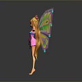 Fairy With Colorful Wings And Peacock Feather Patterns Wearing Crown Pink Dress Long Golden Hair