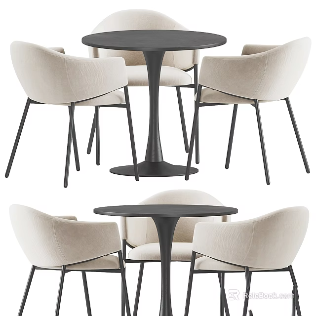 Modern Minimalist Table and Chair Set with Beige Upholstered Chairs and Round Dark Table Top 3d model 
