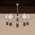 Chandelier With Five White Spherical Lampshades Dark Wood And Metal Frame Beige Walls Decorative Lines