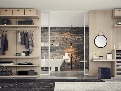 Modern Walk in Closet Interior With Wooden Storage Cabinets Clothing Racks And Round Mirror 3d model