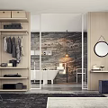 Modern Walk in Closet Interior With Wooden Storage Cabinets Clothing Racks And Round Mirror