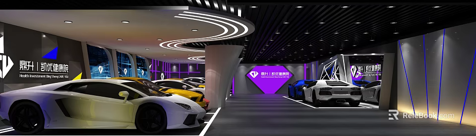 Modern Luxury Car Parking Lot With Curved Ceiling Lights Purple Wall And Logo 3d model 