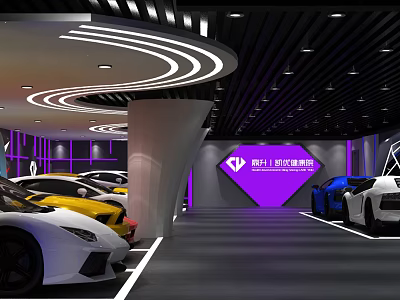 Modern Luxury Car Parking Lot With Curved Ceiling Lights Purple Wall And Logo 3d model