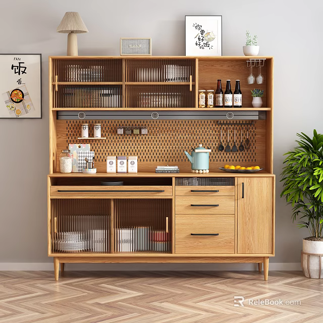 Modern Wooden Sideboard In Dining Room With Glassware Bottles And Green Plant Decor 3d model 