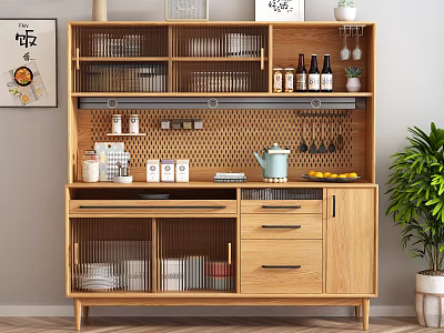 Modern Wooden Sideboard In Dining Room With Glassware Bottles And Green Plant Decor 3d model