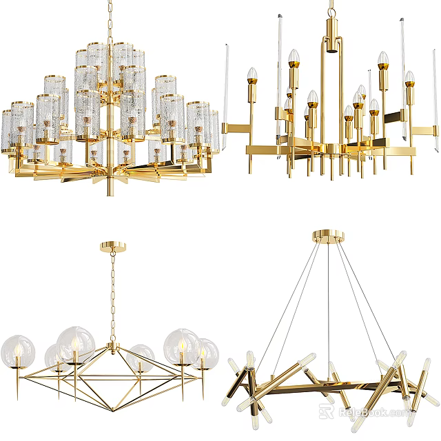 Modern Chandeliers with Golden Frames Glass Shades and Various Design Styles 3d model 