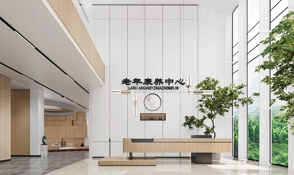 Elderly Rehabilitation Center Interior With Wooden Reception Desk Green Plants And Large Windows 3d model 