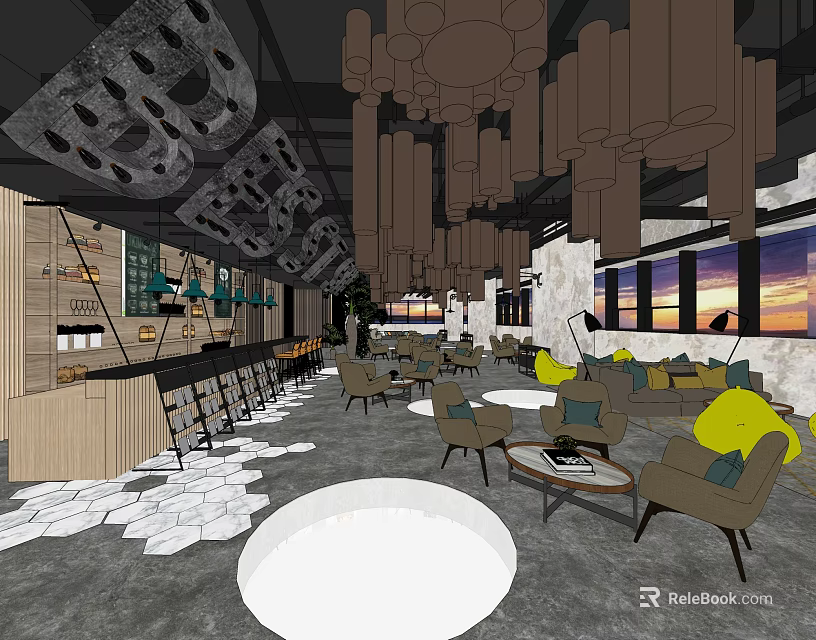 Modern Cafe Interior With Hanging Chandeliers Large Windows Sunset View Geometric Ceiling And Wooden Counter 3d model 
