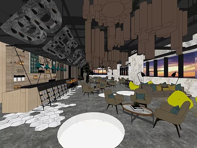 Modern Cafe Interior With Hanging Chandeliers Large Windows Sunset View Geometric Ceiling And Wooden Counter 3d model