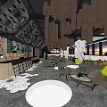 Modern Cafe Interior With Hanging Chandeliers Large Windows Sunset View Geometric Ceiling And Wooden Counter