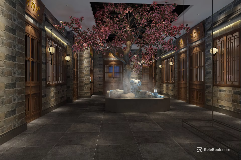 Hotel Corridor With Pink Cherry Blossom Tree Stone Walls Wooden Doors Lanterns And Central Fountain 3d model 