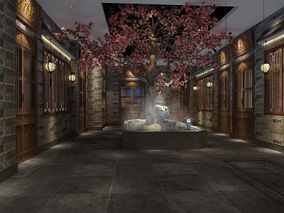 Hotel Corridor With Pink Cherry Blossom Tree Stone Walls Wooden Doors Lanterns And Central Fountain 3d model